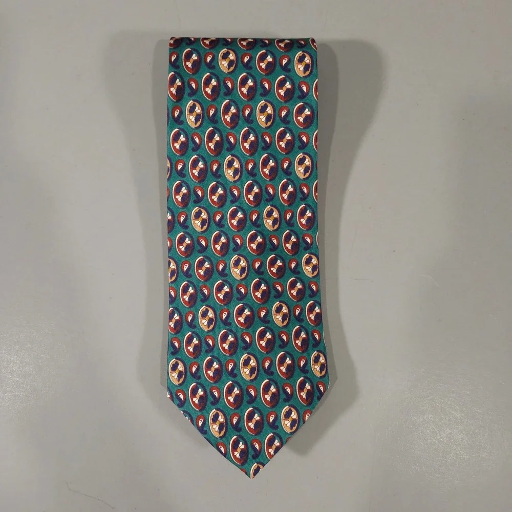Christian Dior Tie Mens OS Teal Geometric Paisley Medallion Silk Vintage USA